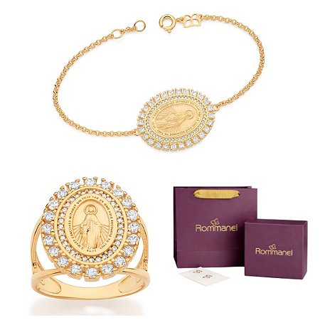 CONJUNTO Nª Sª DAS GRAÇAS COM ZIRCÔNIAS PULSEIRA AJUSTÁVEL + ANEL FOLHEADO A OURO + EMBALAGEM ROMMANEL