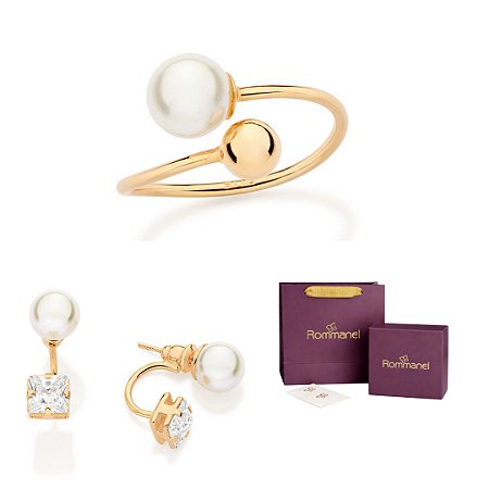 CONJUNTO PÉROLAS ANEL + BRINCOS FOLHEADO A OURO ROMMANEL