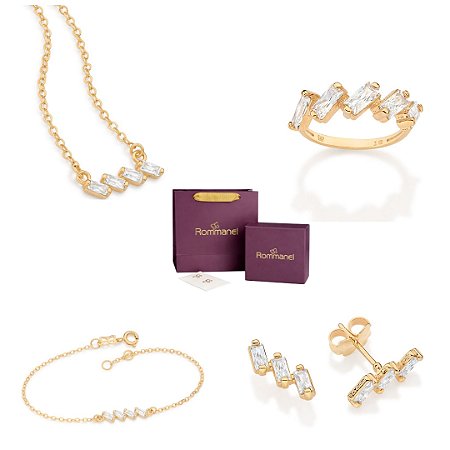 CONJUNTO COM ZIRCÔNIAS GARGANTILHA + BRINCOS + PULSEIRA + ANEL FOLHEADO A OURO + EMBALAGEM ROMMANEL