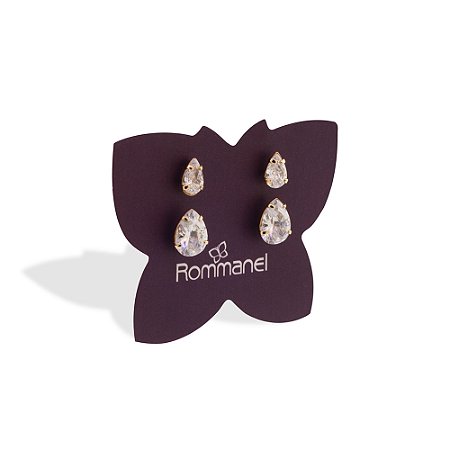 KIT BRINCOS GOTAS FOLHEADO A OURO COM ZIRCÔNIAS ROMMANEL 527622