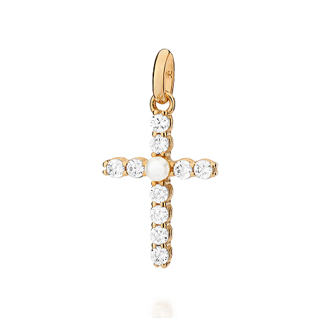 PINGENTE CRUZ FOLHEADO A OURO COM ZIRCÔNIAS E PÉROLA. MED 2,70CM ROMMANEL 542997