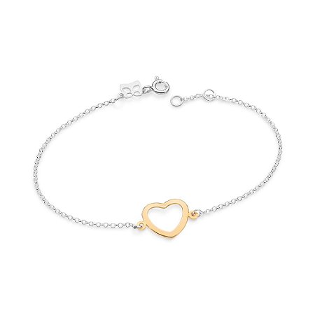 PULSEIRA PRATA 925 COM PINGENTE CORAÇÃO VAZADO FOLHEADO A OURO. MED 18CM ROMMANEL 850130