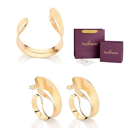 CONJUNTO ABSTRATO ARGOLA + BRACELETE FOLHEADO A OURO + EMBALAGEM ROMMANEL