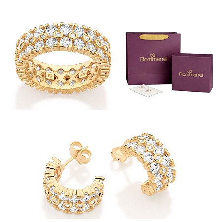 CONJUNTO ZIRCÔNIAS ARGOLA + ANEL FOLHEADO A OURO + EMBALAGEM ROMMANEL