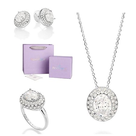 CONJUNTO OVAL GARGANTILHA + ANEL + BRINCO PRATA 925 + EMBALAGEM ROMMANEL