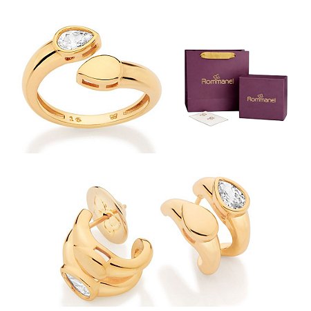 CONJUNTO GOTA ARGOLA + ANEL FOLHEADO A OURO + EMBALAGEM ROMMANEL