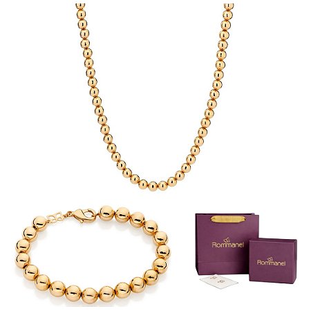 CONJUNTO BOLAS GARGANTILHA + PULSEIRA FOLHEADO A OURO + EMBALAGEM ROMMANEL