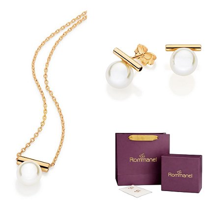 CONJUNTO PÉROLA GARGANTILHA + BRINCO FOLHEADO A OURO + EMBALAGEM ROMMANEL