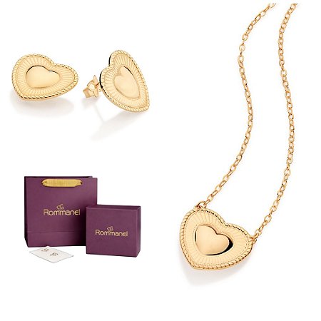 CONJUNTO CORAÇÃO BRINCO + GARGANTILHA FOLHEADO A OURO + EMBALAGEM ROMMANEL