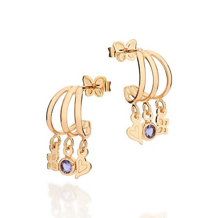 ARGOLA TRIPLA FOLHEADO A OURO MIX DE PINGENTES COM ZIRCÔNIAS LILÁS. MED 2,8CM ROMMANEL 527637