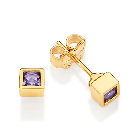 BRINCO SOLITÁRIO FOLHEADO A OURO QUADRADO COM ZIRCÔNIA LILÁS. MED 0,4CM ROMMANEL 527640