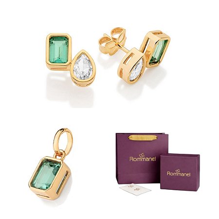 CONJUNTO ZIRCÔNIAS VERDE BRINCOS + PINGENTE FOLHEADO A OURO + EMBALAGEM EXCLUSIVA ROMMANEL