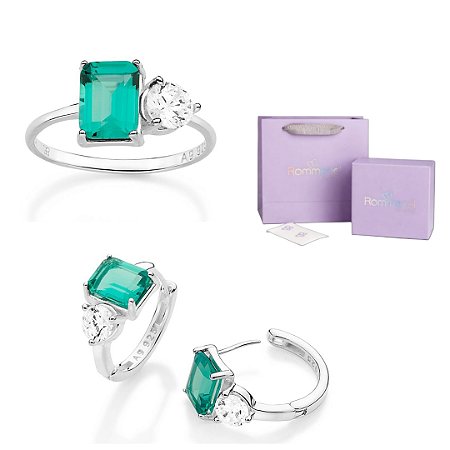 CONJUNTO ZIRCÔNIA VERDE ANEL + ARGOLA PRATA 925 + EMBALAGEM EXCLUSIVA ROMMANEL