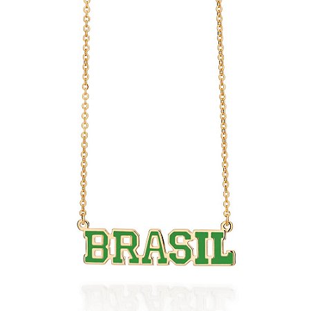 GARGANTILHA FOLHEADO A OURO COM PINGENTE BRASIL COM APLICAÇÃO DE RESINA COLORIDO. MED 55CM ROMMANEL 532666