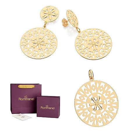 CONJUNTO MANDALA PINGENTE + BRINCOS FOLHEADO A OURO + EMBALAGEM EXCLUSIVA ROMMANEL