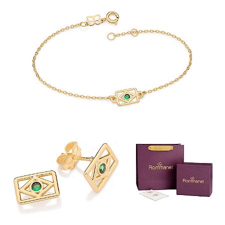 CONJUNTO BRASIL BRINCOS + PULSEIRA FOLHEADO A OURO + EMBALAGEM EXCLUSIVA ROMMANEL
