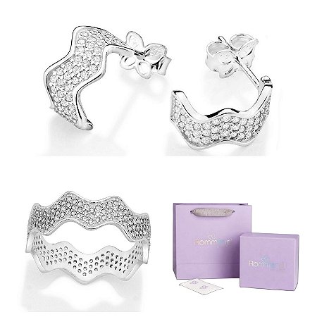 CONJUNTO SIANINHA ANEL + BRINCOS PRATA 925 + EMBALAGEM EXCLUSIVA ROMMANEL