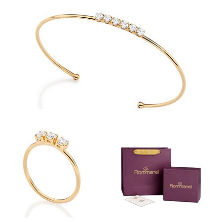 CONJUNTO ZIRCÔNIAS ANEL + BRACELETE FOLHEADO A OURO + EMBALAGEM EXCLUSIVA ROMMANEL