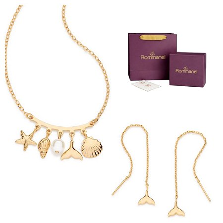 CONJUNTO ELEMENTOS MARINHOS GARGANTILHA + BRINCOS FOLHEADO A OURO + EMBALAGEM EXCLUSIVA ROMMANEL