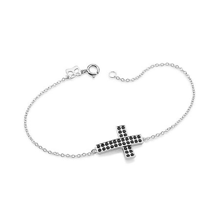 PULSEIRA MASCULINA PRATA 925 COM CRUZ COM ZIRCÔNIAS PRETO. MED 20CM ROMMANEL 850146