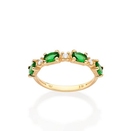 ANEL SKINNY FOLHEADO A OURO COM ZIRCÔNIAS E CRISTAIS VERDE ROMMANEL 513621