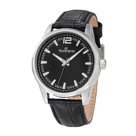 RELÓGIO MASCULINO ANALÓGICO ESPORTIVO PRATEADO COM PULSEIRA DE COURO PRETO ROMMANEL 650217