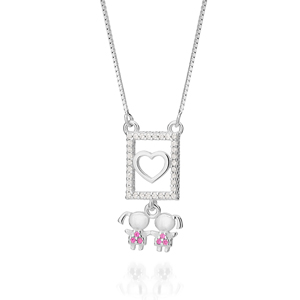 GARGANTILHA DUAS MENINAS PRATA 925 COM ZIRCÔNIAS ROSA. MED 45CM ROMMANEL 830159
