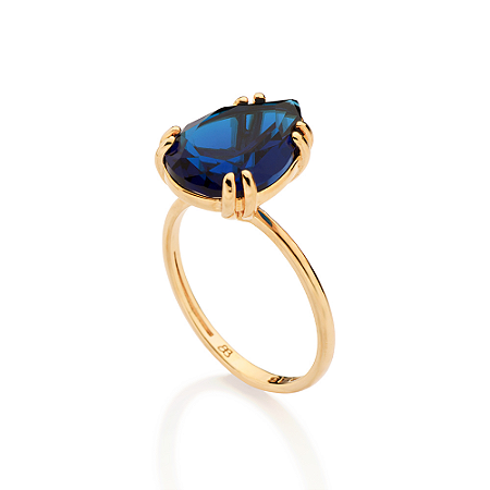 ANEL SOLITÁRIO FOLHEADO A OURO GOTA COM CRISTAL AZUL ROMMANEL 513678