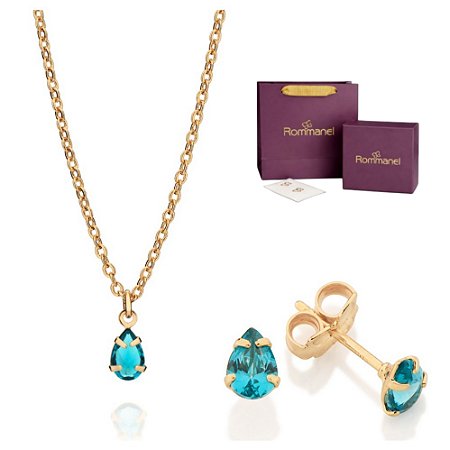 CONJUNTO GOTA AZUL CLARO GARGANTILHA 42CM + BRINCOS FOLHEADO A OURO + EMBALAGEM ROMMANEL