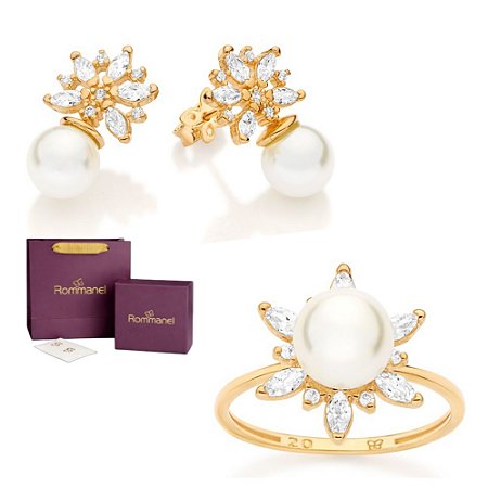 CONJUNTO FLOR ANEL + BRINCO PÉROLA COM ZIRCÔNIAS FOLHEADO A OURO + EMBALAGEM ROMMANEL