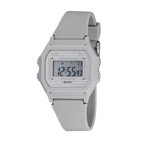 RELÓGIO FEMININO DIGITAL RETANGULAR CINZA COM PULSEIRA DE SILICONE ROMMANEL 650197