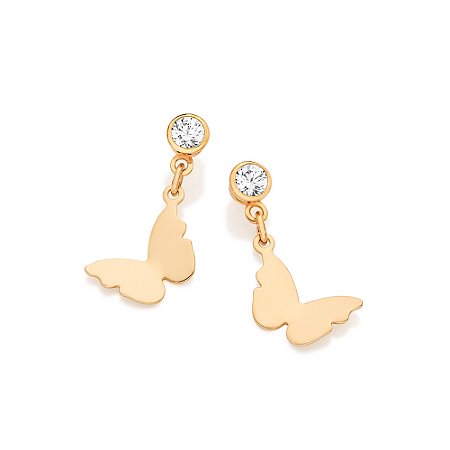 BRINCO PÊNDULO FOLHEADO A OURO BORBOLETA COM ZIRCÔNIAS. MED 2,1CM ROMMANEL 527674