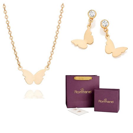 CONJUNTO BORBOLETA BRINCOS + GARGANTILHA 45CM FOLHEADO A OURO + EMBALAGEM ROMMANEL
