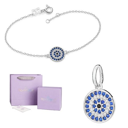 CONJUNTO OLHO GREGRO PRATA 925 PULSEIRA 18CM + PINGENTE + EMBALAGEM ROMMANEL
