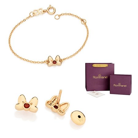CONJUNTO FOLHEADO A OURO LAÇO DA MINNIE PULSEIRA 14CM + BRINCO INFANTIL + EMBALAGEM ROMMANEL