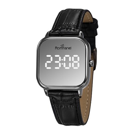 RELÓGIO UNISSEX DIGITAL LED GRAFITE COM PULSEIRA DE COURO SINTÉTICO ROMMANEL 650228