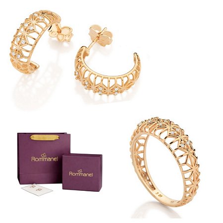 CONJUNTO ABAULADO FOLHEADO A OURO ANEL + ARGOLA COM ZIRCÔNIAS + EMBALAGEM ROMMANEL