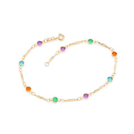 TORNOZELEIRA FOLHEADO A OURO COM CRISTAIS COLORIDOS. MED 25CM ROMMANEL 551605