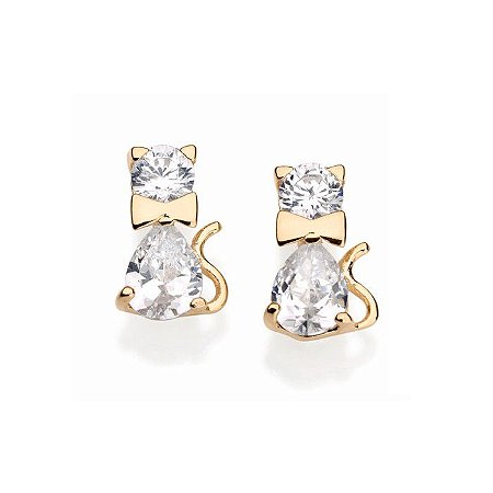 BRINCO FOLHEADO A OURO FORMATO GATO COM ZIRCÔNIAS. MED 1,9CM ROMMANEL 523903