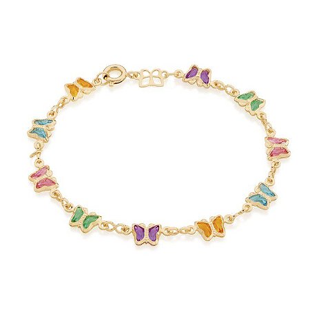 PULSEIRA INFANTIL FOLHEADO A OURO BORBOLETA COM CRISTAIS COLORIDOS. MED 16CM ROMMANEL 551618