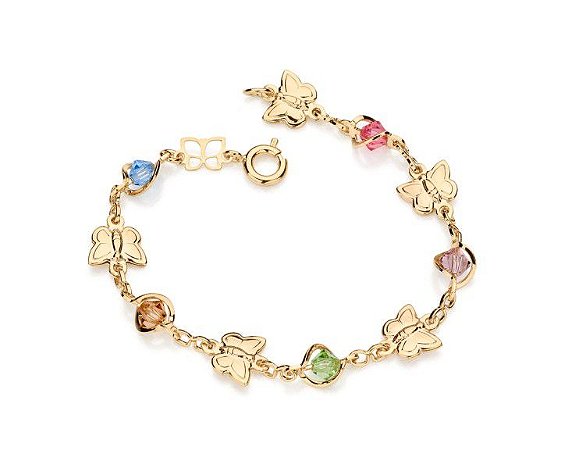 PULSEIRA INFANTIL FOLHEADO A OURO PEDRAS COLORIDAS E BORBOLETAS. MED 14CM ROMMANEL 550849