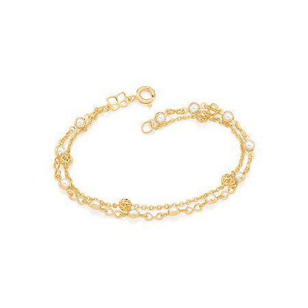 PULSEIRA INFANTIL FOLHEADO A OURO FIO DUPLO COM PÉROLAS E GLOBOS VAZADOS. MED 16CM ROMMANEL 550925