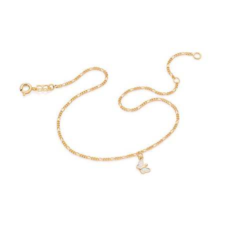 TORNOZELEIRA FOLHEADO A OURO BORBOLETA COM APLIQUE DE RHODIUM. MED 28CM ROMMANEL 550604