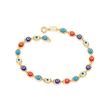 PULSEIRA FOLHEADO A OURO COM OLHOS GREGOS COLORIDOS. MED 19CM ROMAMNEL 551413