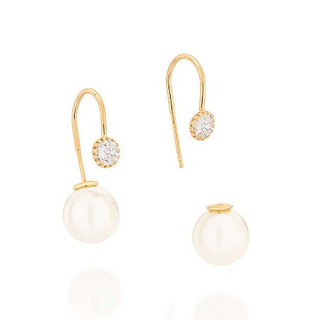 BRINCO GANCHO FOLHEADO A OURO COM ZIRCÔNIAS E PÉROLAS. MED 2,20CM ROMMANEL 526044