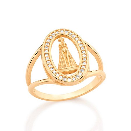ANEL FOLHEADO A OURO NOSSA SENHORA APARECIDA COM ZIRCÔNIAS ROMMANEL 511659