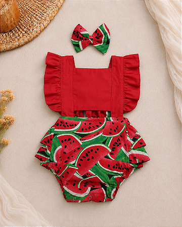 Romper Infantil Melancia Vermelho Estampado com Laço