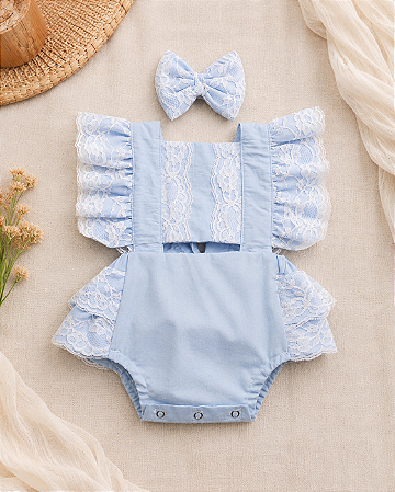 Romper Infantil Frozen Azul Bebê com Rendinha + Laço
