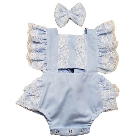 Romper Infantil Frozen Azul Bebê com rendinha