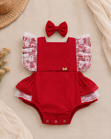 Romper Natalino Vermelho com Rendinha para Bebê Menina